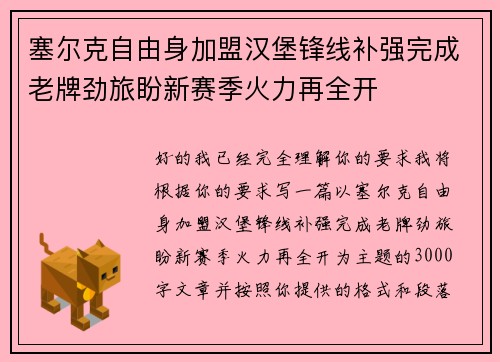 塞尔克自由身加盟汉堡锋线补强完成老牌劲旅盼新赛季火力再全开