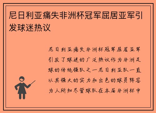 尼日利亚痛失非洲杯冠军屈居亚军引发球迷热议