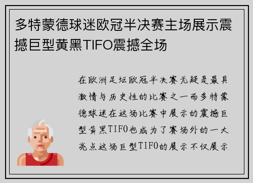 多特蒙德球迷欧冠半决赛主场展示震撼巨型黄黑TIFO震撼全场